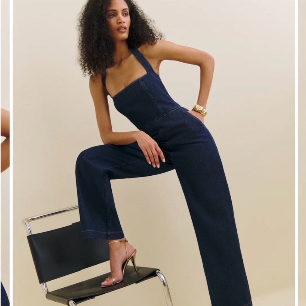 Reformation Danna Halter Denim Jumpsuit NWT 0